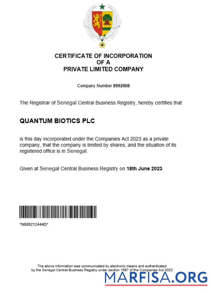 Printable Senegal business registration certificate Word and PDF template